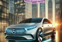 2026 Mercedes-Benz CLA-Class EV parked in a modern cityscape, showcasing its sleek design, LED lighting, and futuristic features.