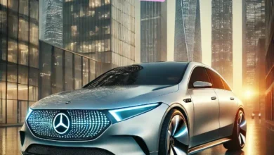 2026 Mercedes-Benz CLA-Class EV parked in a modern cityscape, showcasing its sleek design, LED lighting, and futuristic features.